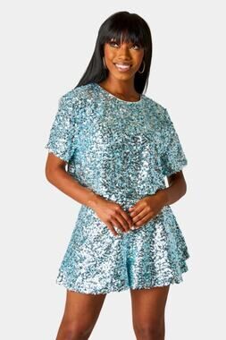 BuddyLove 2 Piece Sequin Set Women XS Light Blue Crop Top Shorts NWT
